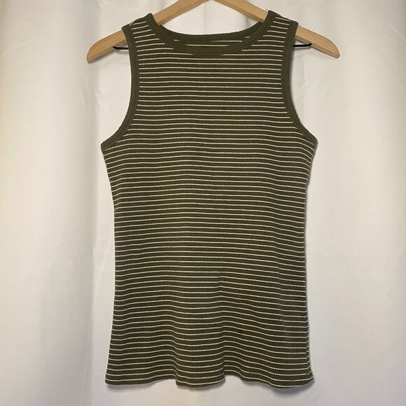 Nine West Essential Olive Stripe Ribbed Banded Fitted Tank Womens L Layering EUC - Picture 1 of 6